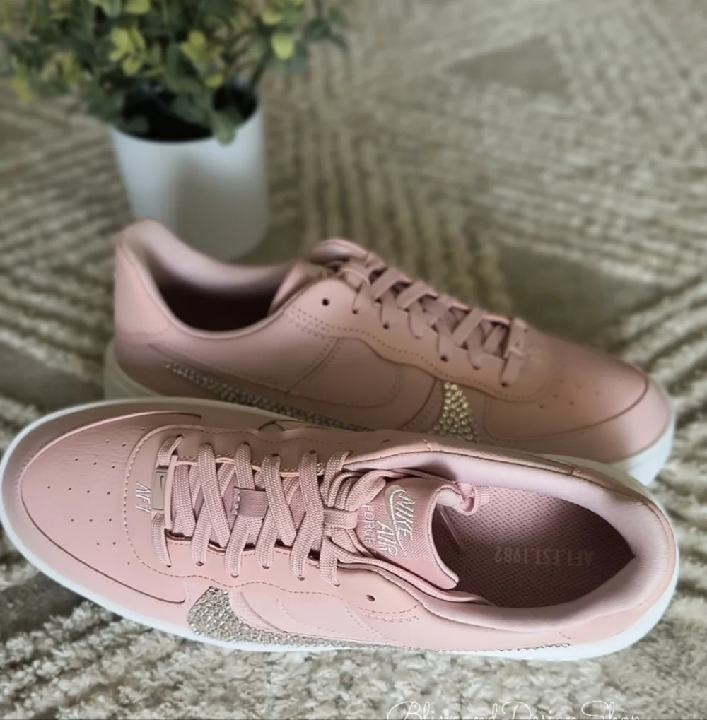 Womens Pink Nike Air Force 1 Platform Sneakers Shoes made with Crystals